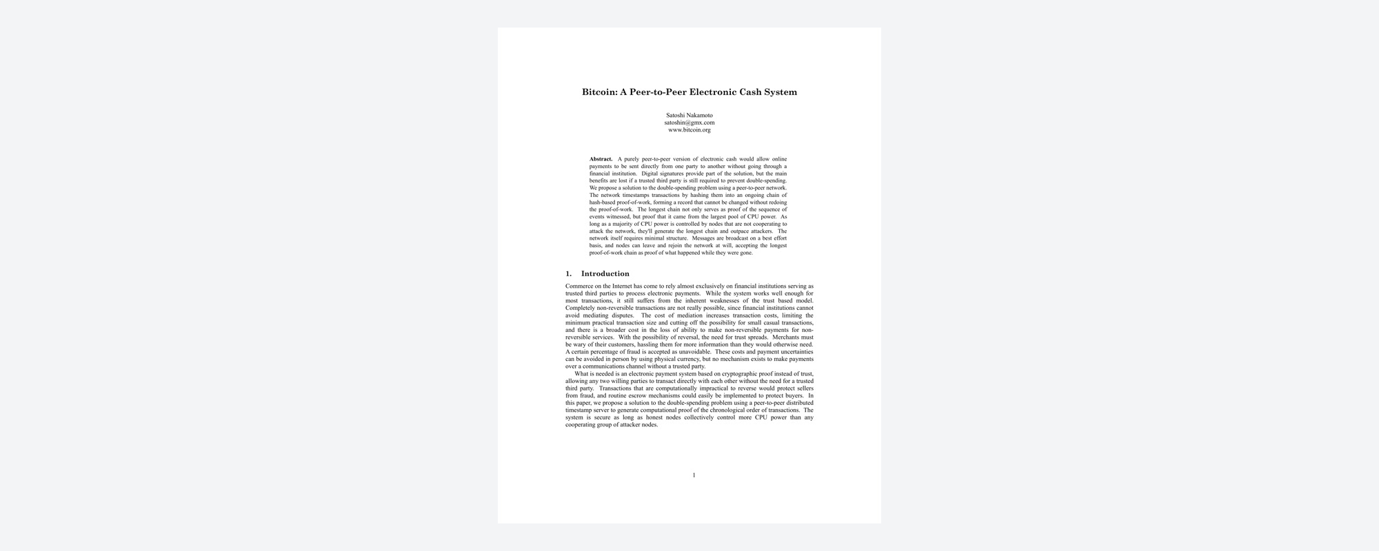 First page of the Bitcoin whitepaper
